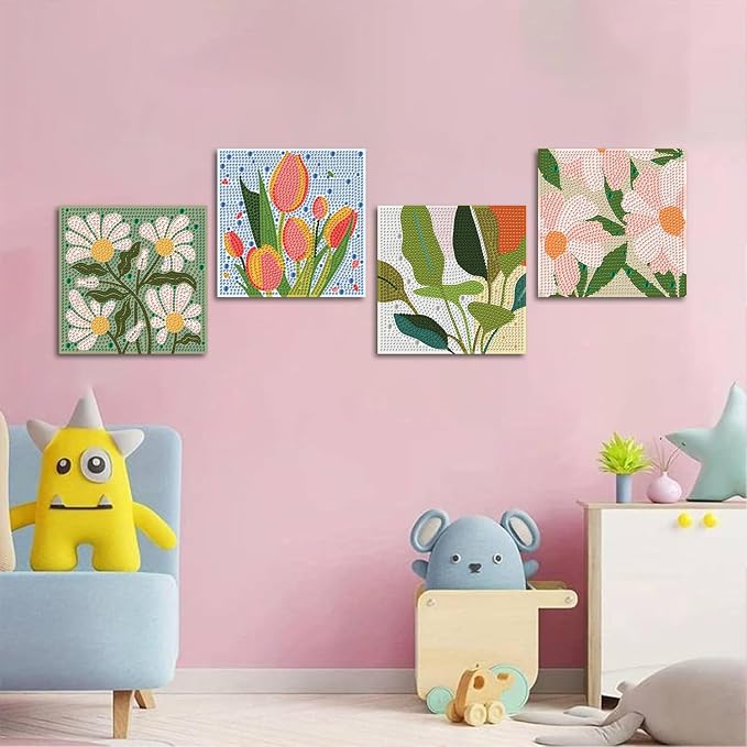 ICYANART 4 Pack Flowers Diamond Art Painting Kits for Kids Simple 6x6Inch | Flowers Diamond Art Kits for Kids Ages 4-8-12, Small Diamond Art Kits for Kids, Arts and Crafts for Kids Ages 8-12 (no Frame)