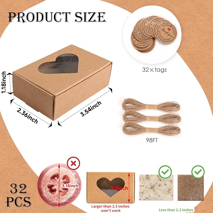 Soap Boxes for Homemade Soap, Soap Packaging Gift Box with Window | 3.54 X 2.36 X 1.18 Inch Soap Packaging Gift boxes Brown with Window, Small Rectangular Soap Boxes (32PCS)