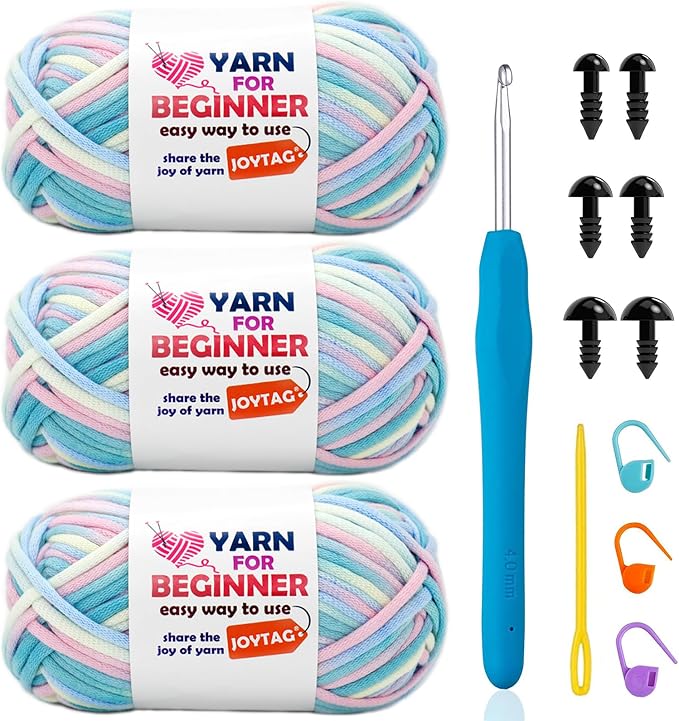 3 Pack Rainbow Beginners Crochet Yarn Pink Purple Blue Cotton Crochet Yarn for Crocheting Knitting Beginners with Easy-to-See Stitches Cotton-Nylon Blend Crochet Yarn for Beginners Crochet Kit(3x50g)