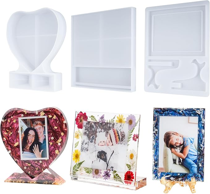 HeyClear Photo Frame Resin Molds Silicone, Rectangle &Square &Heart Shape | 3PCS Picture Frame Silicone Molds with Stand Holder, Epoxy Resin Molds for Handmade Gifts, Home Decor