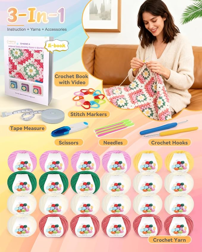 Coopay Crochet Kit for Beginners, Easy 3D Granny Square Blanket Kit, Pink | Crochet Kit W/Video Tutorial & Digital Instructions, All Accessories Included, Easy Knitting to Create Granny Square Blanket