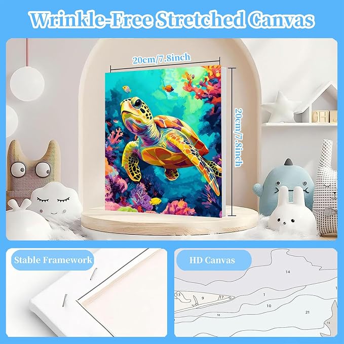 Arttoplus 4 Pack Paint by Numbers Kit for Kids with Frame Sea Animal 8x8in | Sea Animals Kids Paint by Numbers Ages 4-8-12 with Wooden Easel, Easy Oil Painting by Number for Gift Home Wall Decor