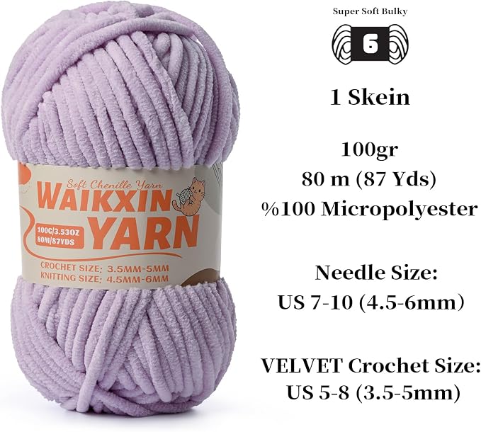 （Light Purple） Super Soft Fuzzy Chenille Chunky Yarn for Crocheting, 100g (87yds) Fluffy Velvet Yarn for Hand Knitting Baby Blankets Weaving Craft