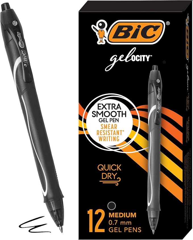 BIC Gelocity Quick Dry Black Gel Pens, Medium Point, 0.7 mm, 12-Count