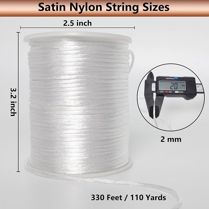 LUSTEMBER 2 mm x 330 Feet Satin Nylon Cord, Silky Smooth Nylon String for Jewelry Making Bracelet Necklaces Beading Thread Rattail Macrame Kumihimo Chinese Knot Craft