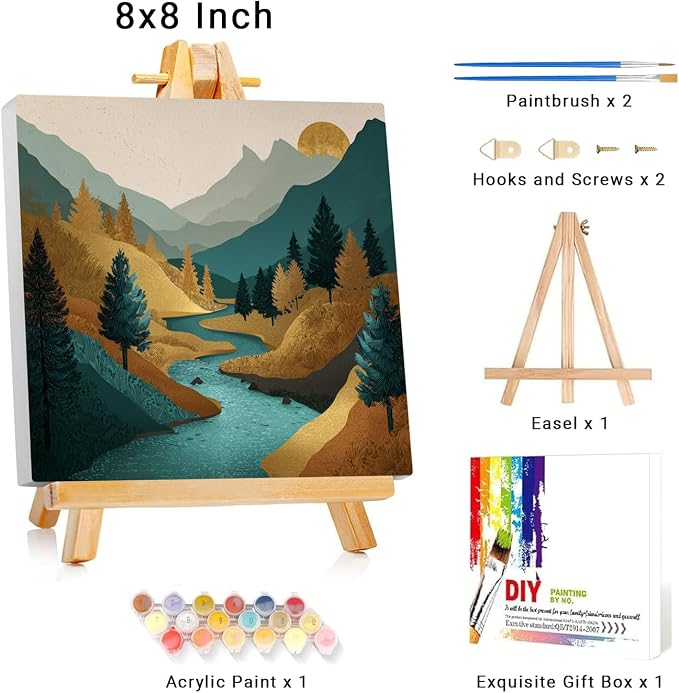 Framed Paint by Numbers Kit for Adults Beginner & Kids Ages 8-12 Mountain Adult Paint by Number Kits on Canvas with Easel Landscape Painting by Numbers for Adults with Frame DIY Painting Kits 8x8 Inch