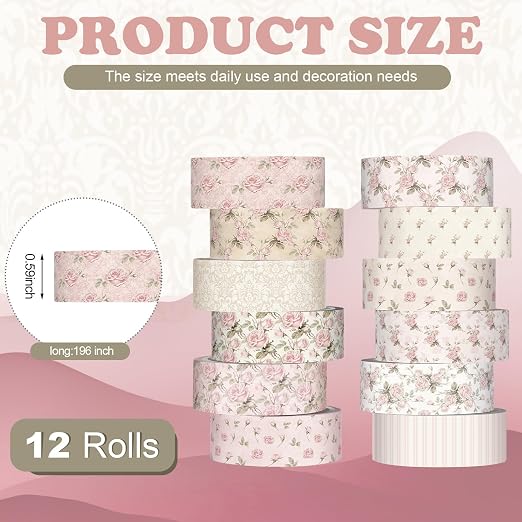 YooNotee 12 Rolls Floral Washi Tape Set,Dusty Pink,Rose | Watercolor Flowers Design for Scrapbook Journal DIY Craft School Supplies, 15 mm Vintage Decorative Masking Washi Tapes