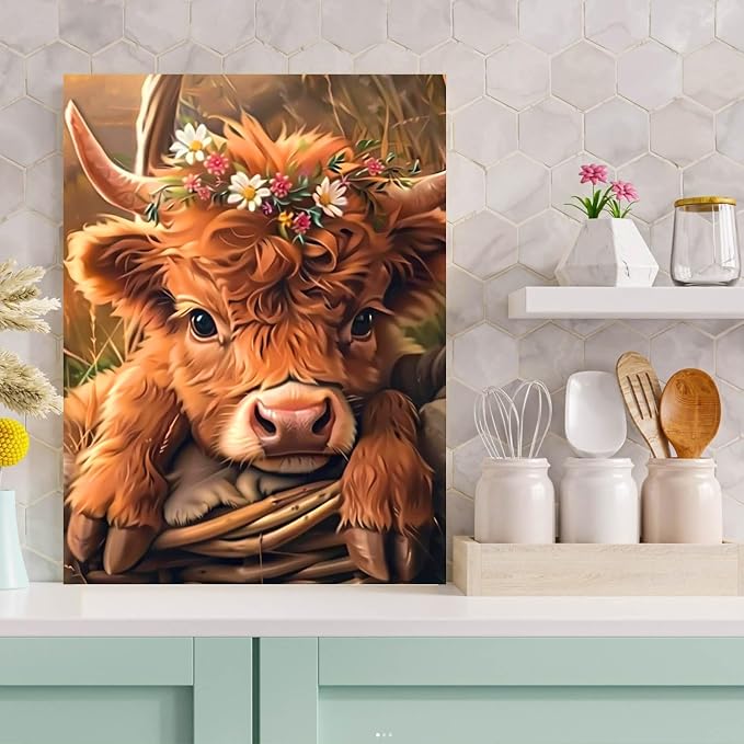 Diamond Art Kits for Adults Highland Cow Diamond Painting Kit 12x16in | 5D Cow Diamond Art Painting Kit for Adult, DIY Full Round Drill Cows Baby Gem Art Diamond Dots Kits for Home Wall Decor Gift