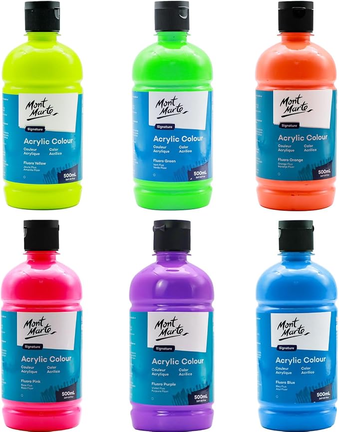 Mont Marte Signature Fluoro Purple Acrylic Paint, 16.9oz (500ml), Semi-Matte Finish, 12 Colors, Suitable for Canvas, Wood, Fabric, Leather, Cardboard, Paper, MDF and Crafts