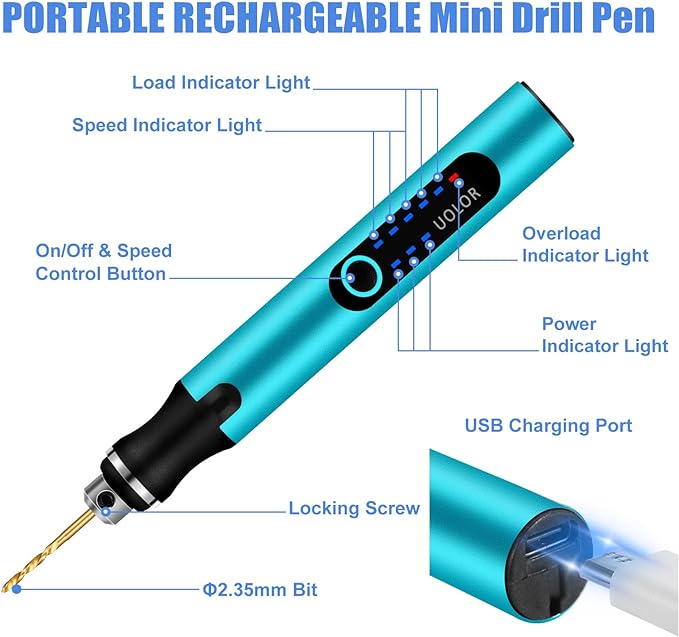 Uolor 3-Speed Cordless Mini Drill Pen, Rechargeable DIY Electric Hand Drill with 10 Small Drill Bits, Micro Drill Set for Jewelry Making Stone Plastic Resin Keychains