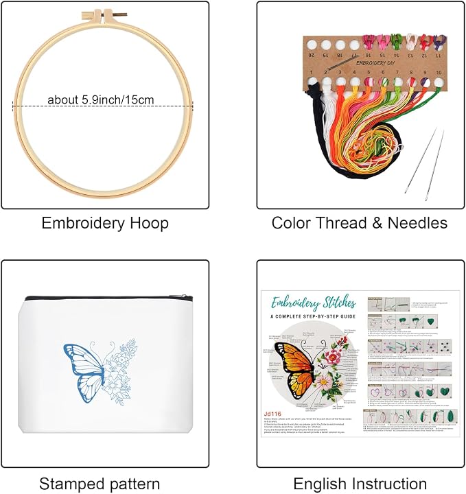 Louise Maelys Embroidery Kit, Butterfly Floral Canvas DIY Makeup Bag Craft