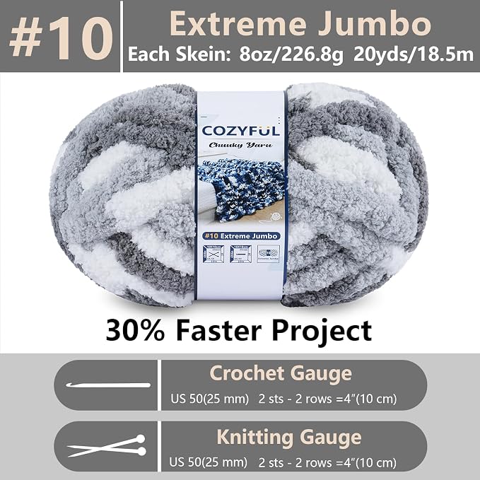 Cozyful Chunky Yarn for Hand Knitting - #10 Chunky Chenille Blanket Yarn, Jumbo Big Thick Chunky Yarns for Crocheting, Tie Dye Bulky Knit Yarns, 8 Skein (20 yds 8 oz Each Skein), Multi Grey&White