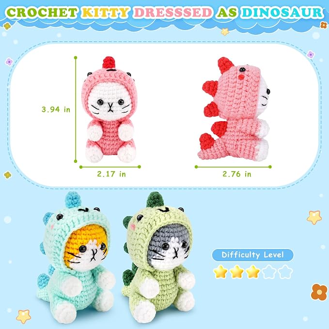 Fortuning's JDS Crochet Kit for Beginners, 3 PCS Dinosaur Cat Crochet Kits | w/ Step-by-Step Video Tutorials, Beginner Crochet Kit for Adults, Crochet Animal Kit for Starters, Dinosaur Cat Crochet Set