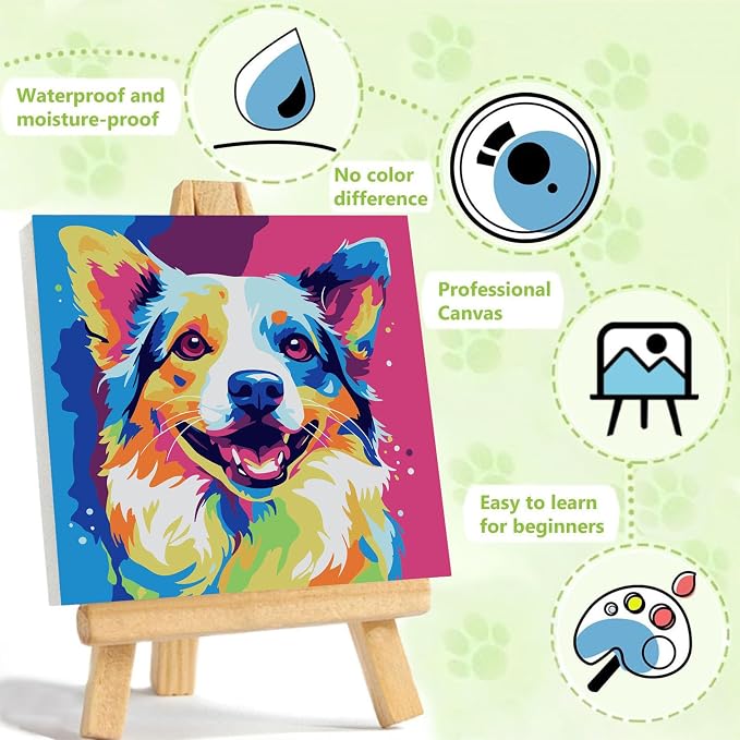 ajepon Dog Paint by Numbers Kit for Kids with Frame - Dog Paint by Number for Kids, Kid Painting by Number Kits Age 6-8 for Home Wall Decor 8X8inch (with Wooden Easel)
