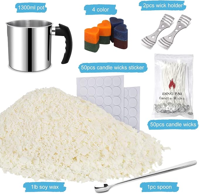 DINGPAI Candle Making Supplies, Candle Make Pouring Pot, Wicks & Soy Wax | 304 Stainless Steel Melting pot & Spoon, Candle Wicks, Sticker and Wicks Holder, 1LB Natural Soy Wax for Candle Making