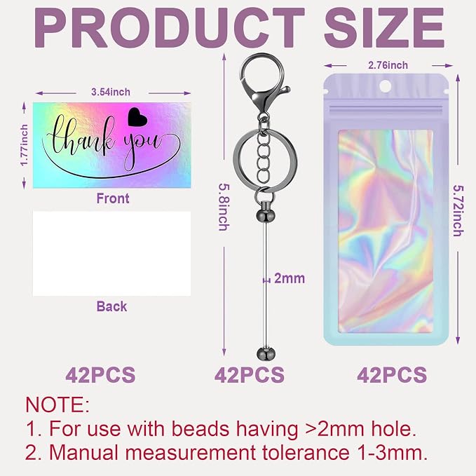 42/84/126 Pcs Beadable Keychain Bars Bulk Blank DIY Beaded Keychain Making Supplies with Bag Thank You Card