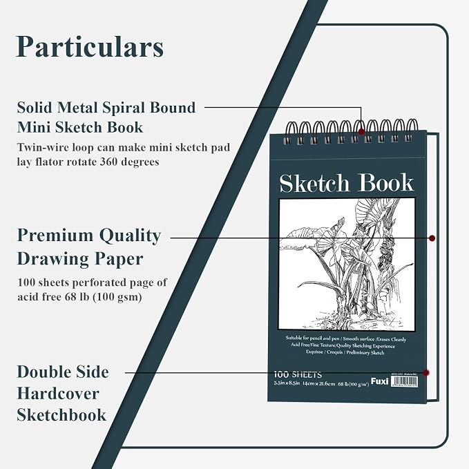 Fuxi Small Sketch Book, Spiral-Bound Sketchbook 5.5 x 8.5 2-Pack 200 Sheets | Small Sketchbook, 100 Sheets Each, 68lb/100gsm Drawing Paper Pad, Small Sketch Pads for Drawing for Adults, Kids & Beginners.