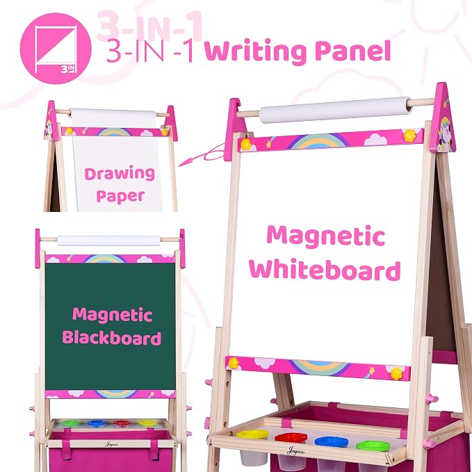 Joyooss Art Easel for Kids Easel for Toddlers,Adjustable Painting Station Wooden Easel Toddler Easels Kids Board Whiteboard & Chalk Board,Art Easel for Kid Age 4-8 9-12 Kid Easel