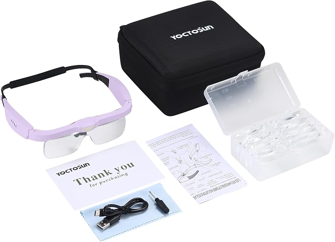 YOCTOSUN Headset Magnifier Glass with 3 LED Lights, Storage Case, Head Strap and 5 Detachable Lenses 0.75X,1.25X,2.0X,3.0X 4.0X, Magnifying Glasses for Close Work, Jewelry, Hobby, Crafts