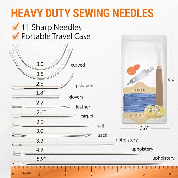 Upholstery Repair Kit: Waxed Sewing Thread (Blue Color) & Heavy Duty Needles (11 PCS) for Leather, Canvas & Quilting Thread