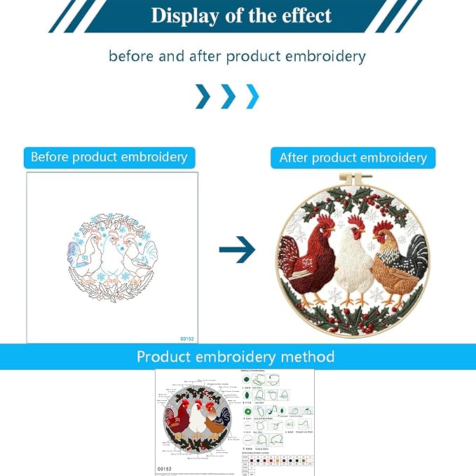 Zhenqing Winter Holly Three Chickens Embroidery Kit for Beginners, 29x29cm Hand Embroidery Set with Hoop, Thread, Printed Fabric(C0152