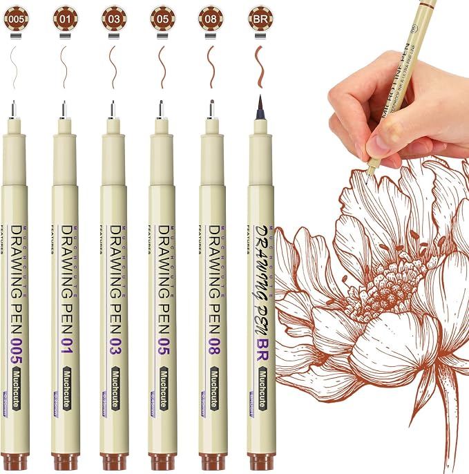 Muchcute Micro Fineliner Drawing Art Pens: 6 Sepia Artist Supplies Adults | Waterproof Archival Ink Brown Set Fine Line Marker Liner,Sketch Outline Anime Gift Manga Sketching Watercolor Zentangle Stuff