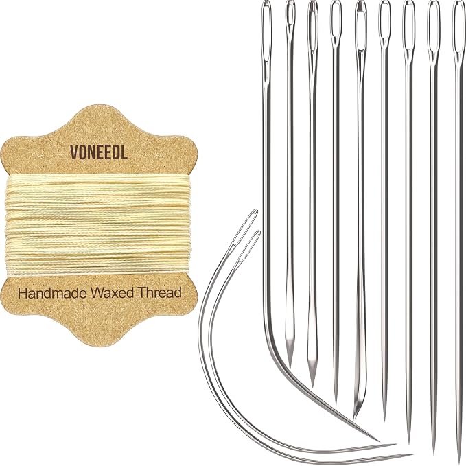 Upholstery Repair Kit: Waxed Sewing Thread (Beige Color) & Heavy Duty Needles (11 PCS) for Leather, Canvas & Quilting Thread