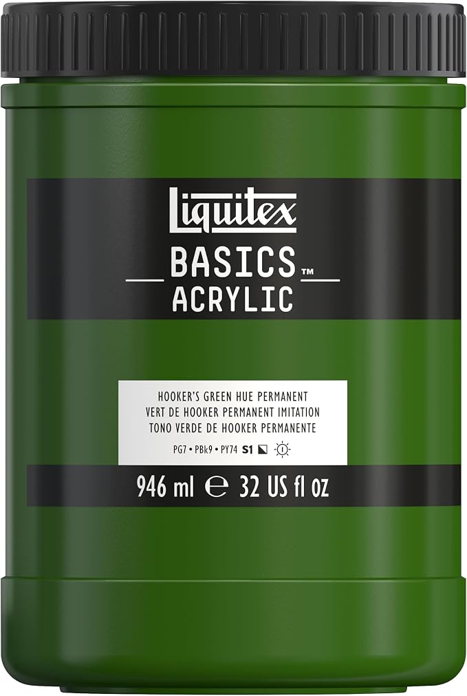 Liquitex BASICS Acrylic Paint, 32-oz Jar, Hooker’s Green Hue Permanent | Medium Viscosity, Satin Finish, Lightfast, Fine Art Pigments, Range of Opacities, Easy Blending