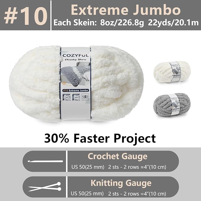 Cozyful Chunky Yarn for Hand Knitting - #10 Chunky Chenille Yarn, Jumbo Big Thick Chunky Yarns for Crocheting, Super Bulky Chunky Knit Blanket Yarns, 8 Skein (22yd, 8oz/Skein), Cream & Grey