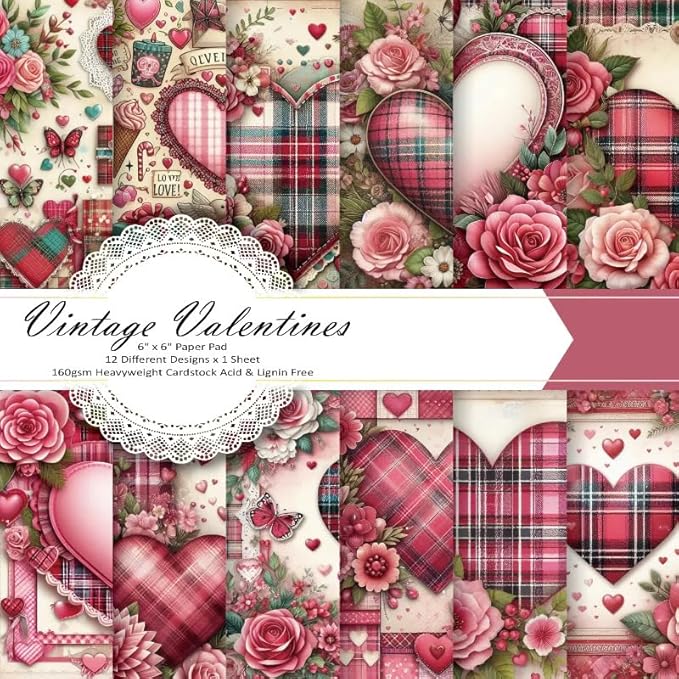 Vintage Valentine Scrapbook Paper Pad ,6"×6” Single-Sided Scrapbooking Decoupage Cardstock Origami Decorative Craft Paper Supplies for DIY Crafts, Card Making, Art Journaling, 24 Sheets 12 Designs