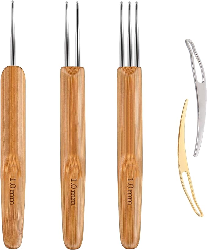 AUGSUN Dreadlock Crochet Hook Tool 1.0mm Hair Crochet Needle for Locs | 3 Dreadlocks Needle, 2 Locking Tool, Bamboo and Stainless Steel, Hair Braid Craft DIY, Dreadlock Locs Weaving Hair Extension