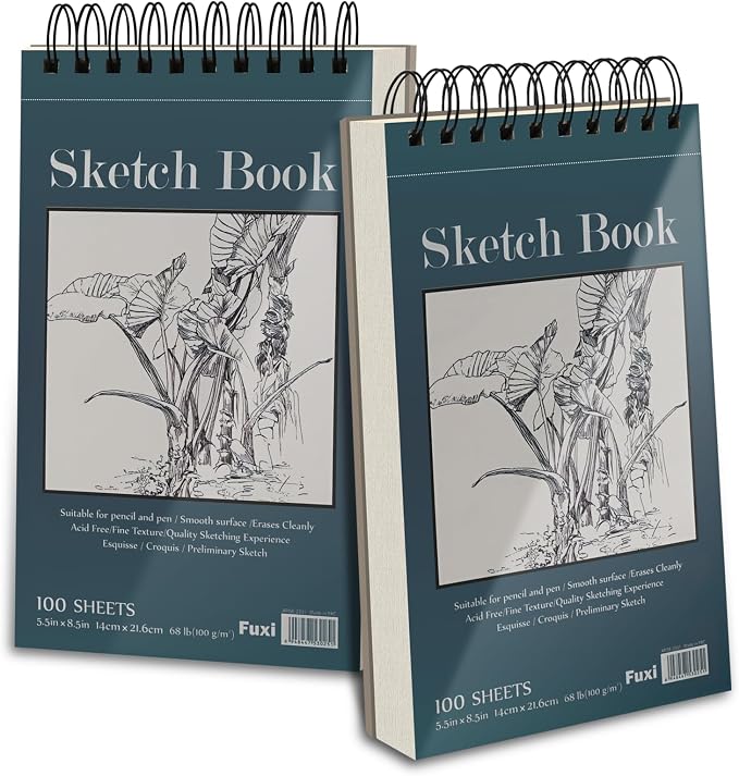 Fuxi Small Sketch Book, Spiral-Bound Sketchbook 5.5 x 8.5 2-Pack 200 Sheets | Small Sketchbook, 100 Sheets Each, 68lb/100gsm Drawing Paper Pad, Small Sketch Pads for Drawing for Adults, Kids & Beginners.