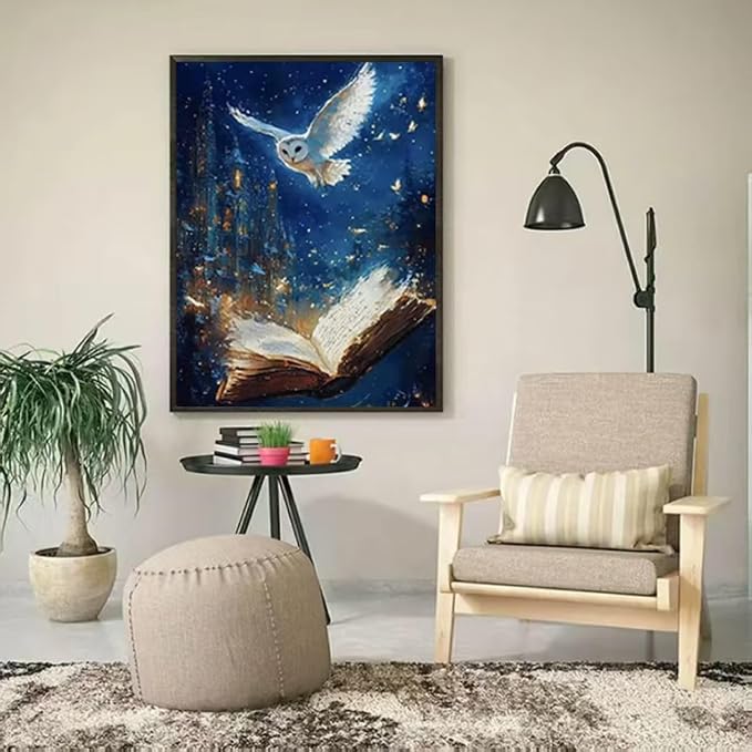 YUXUANKANG Diamond Painting Kit, Owl and Magic Book Fantasy Scene, 12x16 Inch, Resin Drills, DIY Craft Activity for Adults