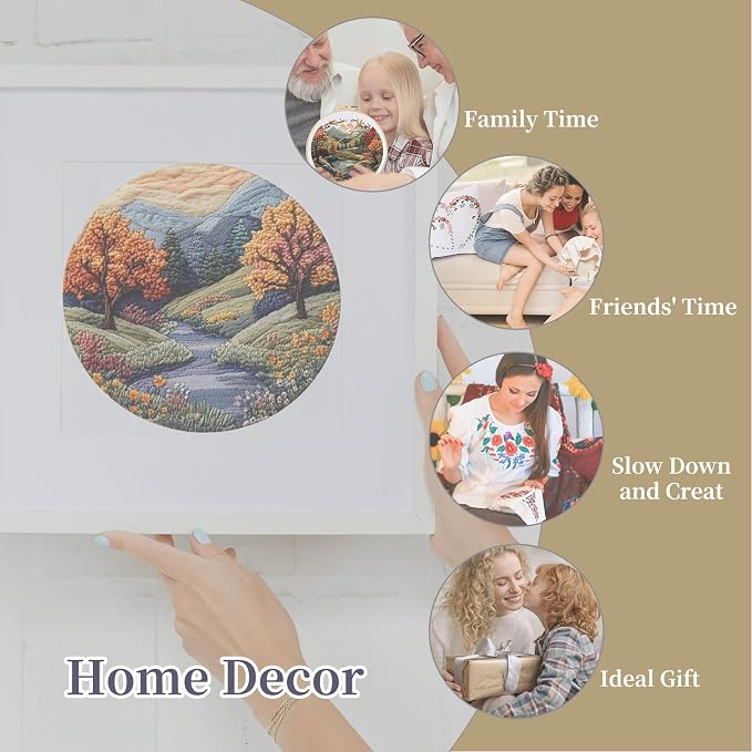 FONNUY Embroidery Kit for Beginners, Boho Nature Landscape Pre-Stamped Pattern Kits for Adults with Hoop, Easy to Follow Color Thread Needlework, 8'' Hoop (Mountain Trail)