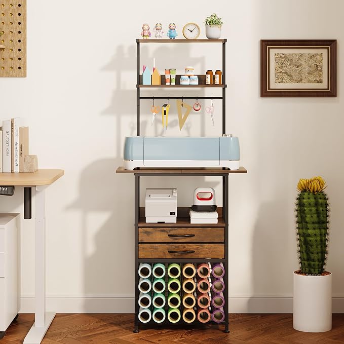 VENNQD Craft Organizers and Storage Cart with Fabric Drawer, Craft Table for Cricut Machines, 4 Tiers Crafting Desk Vinyl Roll Holder, Crafting Table Workstation for Craft Room Home, Rustic Brown