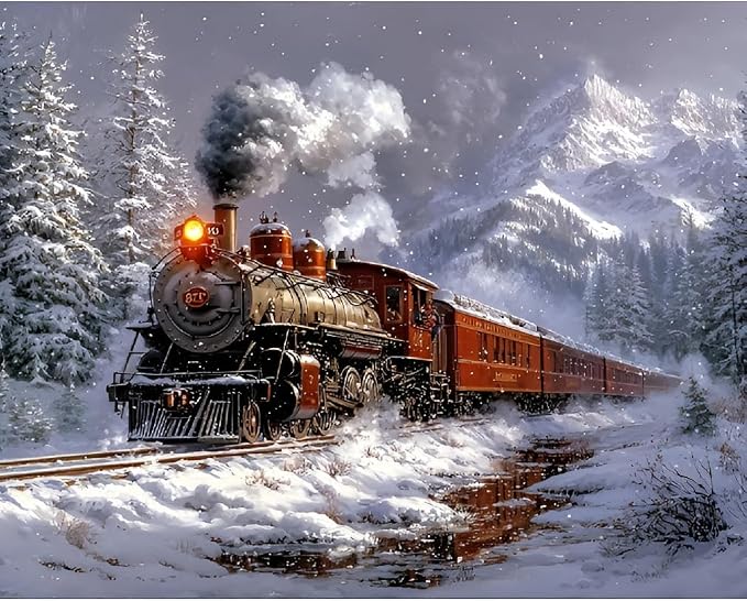 Train Paint by Numbers Kit for Adults,Winter Painting by Numbers,DIY Acrylic Paint Kit for Adults Beginners Without Frame,Easy Christmas Adult Paint by Number Kits on Canvas for Decor 16x20inch