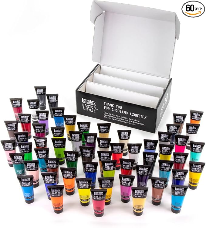 Liquitex BASICS Acrylic Paint Set, 60 x 22ml (0.74-oz) Tubes | Medium Viscosity, Satin Finish, Lightfast, Fine Art Pigments, Range of Opacities, Easy Blending