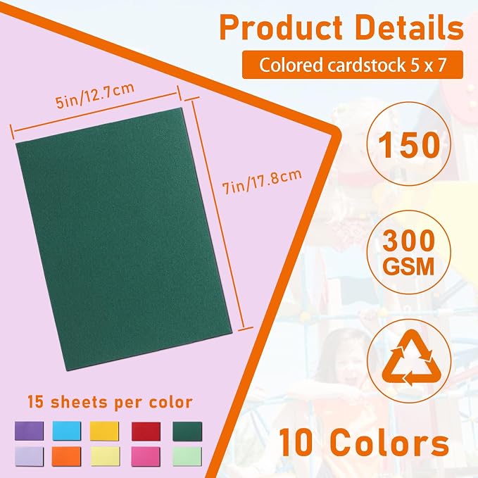 Guakicae 150 Sheets 10 Assorted Colors Cardstock 5 x 7 Craft Paper 110lb