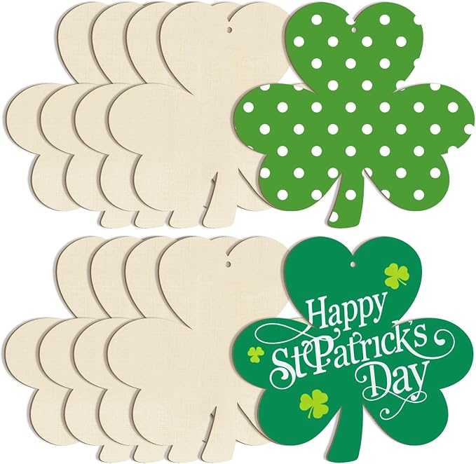 Wooden Shamrock Ornaments to Paint St. Patrick's Day Decoration Cutouts Unfinished 24PCS 3.15 Inches, DIY Blank Unfinished Wood Discs Ornament for Home Farmhouse Crafts Hanging Spring Decorations