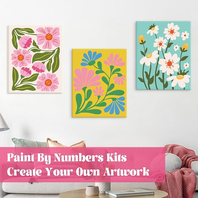 goldentime Easy Paint by Numbers Kit for Kids & Adults Beginner | Easy DIY Flowers Acrylic Oil Painting on Canvas with Frame | 4 Pack 8x10 Inch Framed Paint by Number Canvas Kits for Home Wall Décor