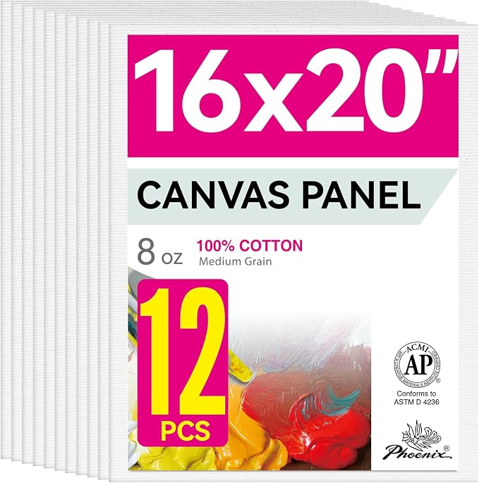 PHOENIX Large Painting Canvas Panels - 16x20 Inch, 12 Bulk Pack - 8 Oz Triple Primed 100% Cotton Acid Free Canvases for Painting, White Blank Flat Canvas Boards for Acrylic, Oil Paints