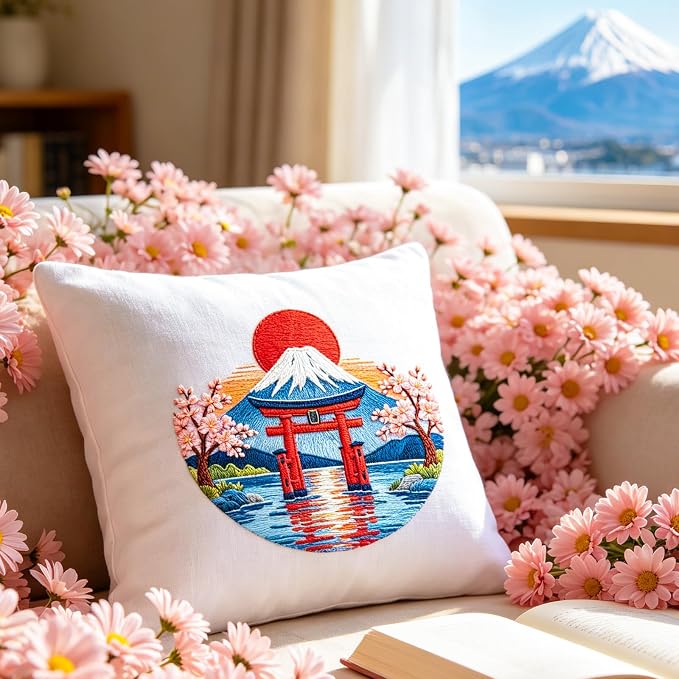 BEUNITONE 4 Pcs Embroidery Kit for Beginner, Ukiyo-e Style Landscape Wave Pattern Embroidery Materials, Cross Stitch Set with Cloth, Thread, Needle and Hoop Tools for Friendship Gift and Home Decor