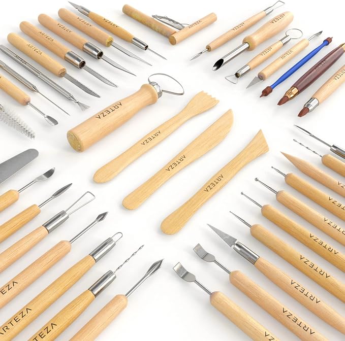 ARTEZA Pottery & Sculpting Tools, 42-Piece Clay Tools Set with Wooden Handles & Steel Tips for Polymer Clay, Ceramics, Carving, Modeling, Shaping & Smoothing | Wooden Handles, Steel Tips, Loop, Ribbon, Shaping and Detailing Tools, For Ceramics, Carving...