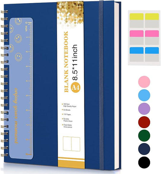 Blank Spiral Notebook Journal 8.5” x 11”, A4 Large Sketch Book for Women Men, 100 GSM Blank Paper Drawing Notebook, Plastic Hardcover Spiral Bound Sketchbook for Sketching Work School Writing, Navy
