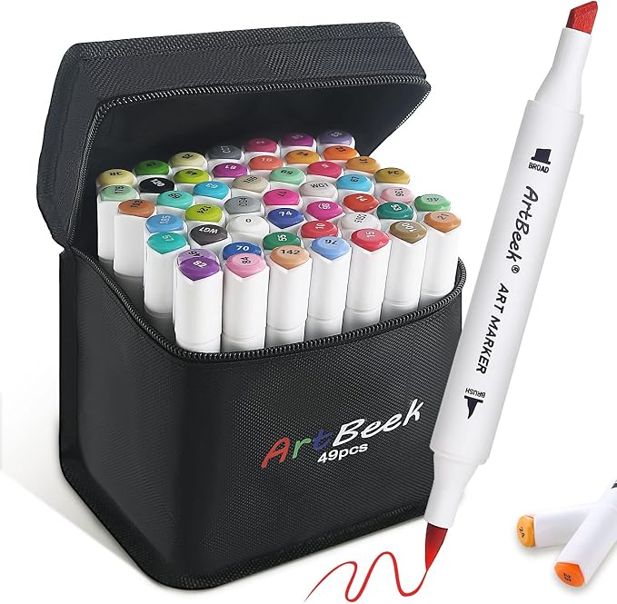ArtBeek Alcohol Markers Brush Tip, 48 Coloring Markers for Adult Coloring Books No Bleeding, Dual Tip (Brush & Fine Tip)
