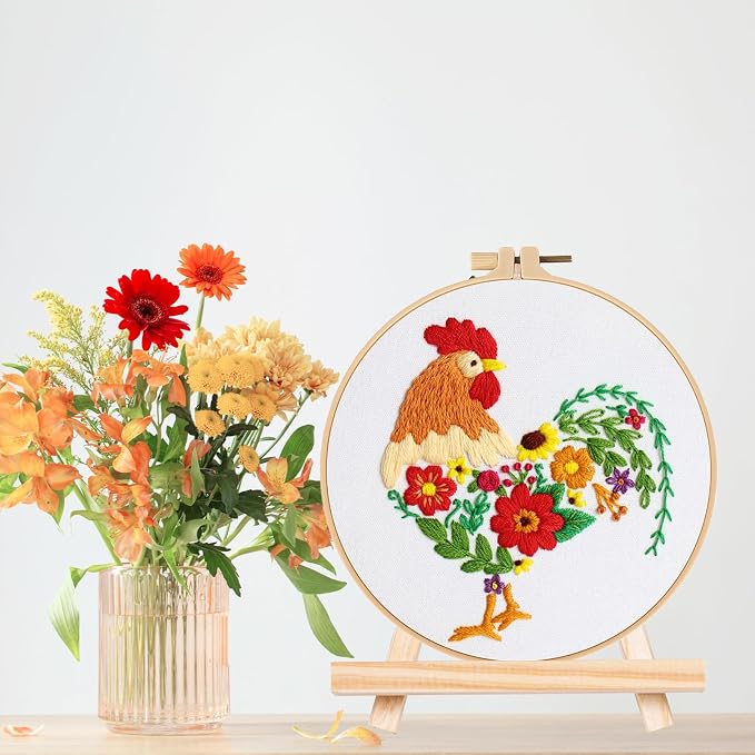 Louise Maelys Embroidery Kit for Beginners with Funny Rooster and Flower | Complete Kit Includes Fabric, Hoop, Threads, Guide. Create Fun Designs with Cross Stitch Kits. Explore Needlepoint Kit