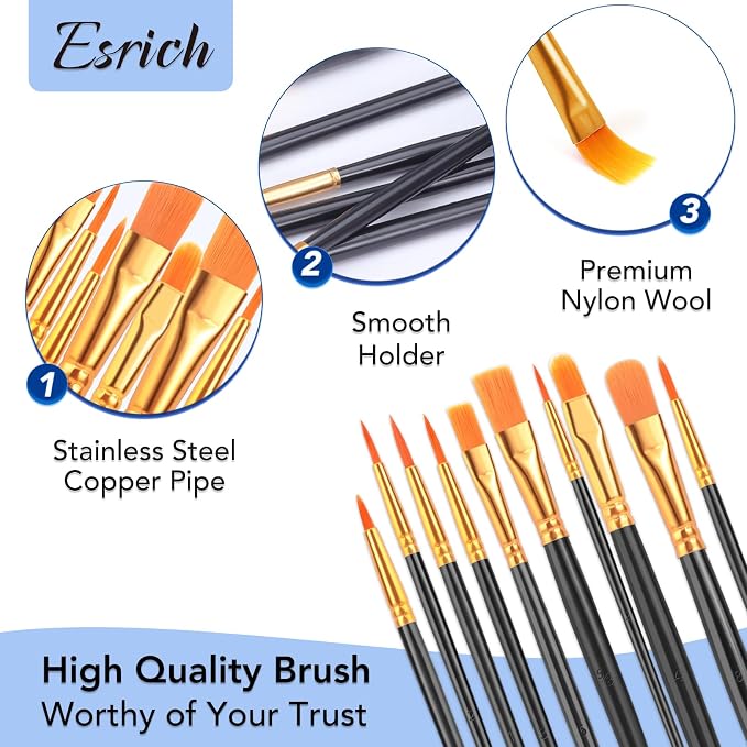 ESRICH 100PCS Paint Brushes, Paint Brush for Acrylic Painting | Artist Paintbrushes for Oil Watercolor, Body Face Rock Canvas, Small Paint Brushes for Kids, Black