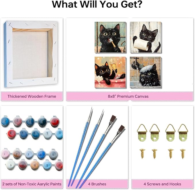 Clendo 4 Pack Black Cat Paint by Numbers Kit for Adults with Frame - Animals in Bathtub Adult Paint by Number Kit DIY Oil Painting Kits for Home Wall Decor 8x8 Inch