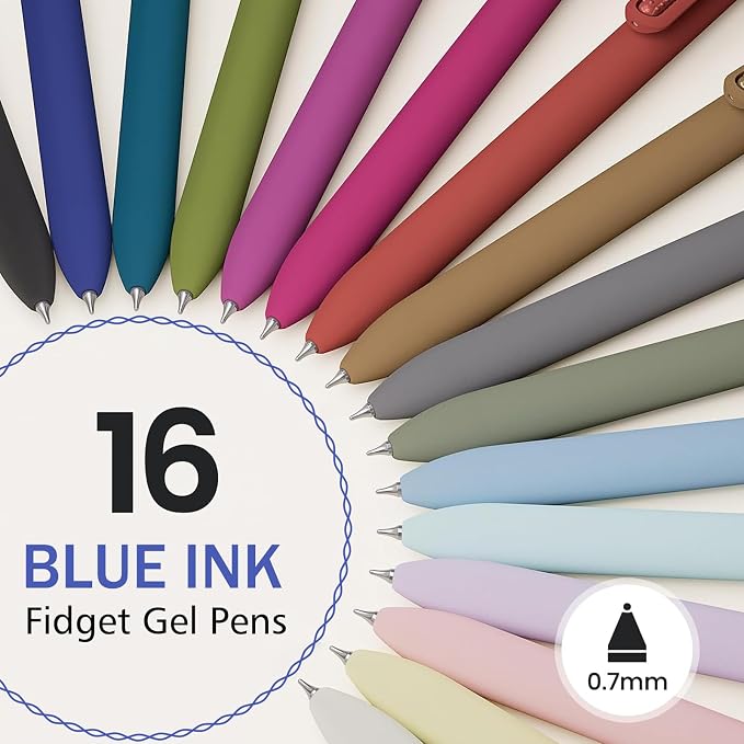 16 Pack Blue Gel Pens with Fidget, 0.7mm Blue Ink Quick-Drying
