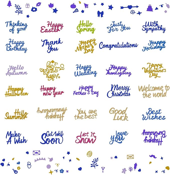 DaKuan 30 Pcs Holiday Blessings Steel Cutting Dies Set for Card Making - Christmas, Birthday, Thanksgiving, Easter, Valentine's, Good Luck, Thank You Craft Supplies